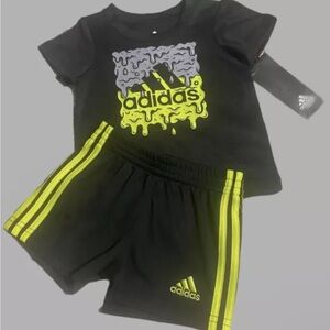 ADIDAS 2 Piece Short Set Black/Green Boys Outfit-  SZ 3 M